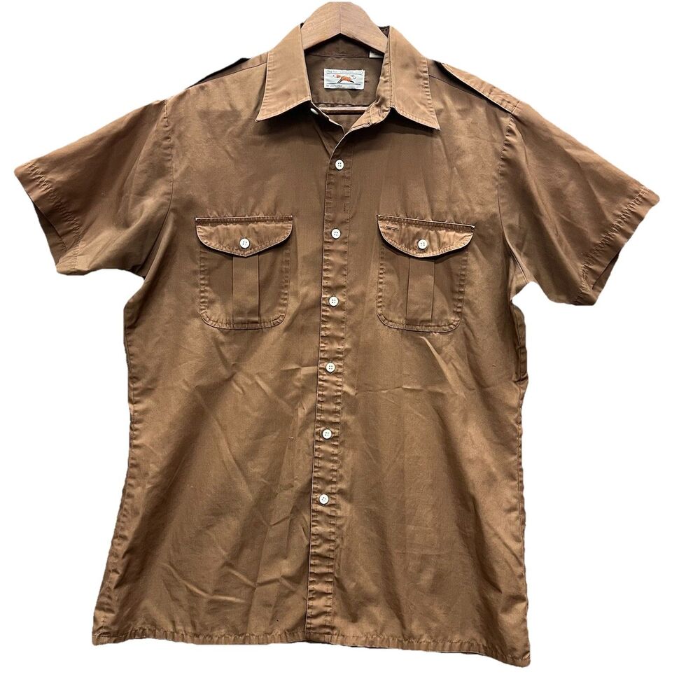 Vintage The Fox Collection Shirt Men L BROWN Button UP Short Sleeve JCPenney 80s